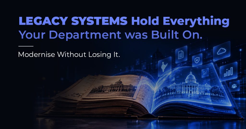 Government IT modernisation team in India reviewing legacy system upgrade roadmap covering APIs, cloud, data governance, and cybersecurity